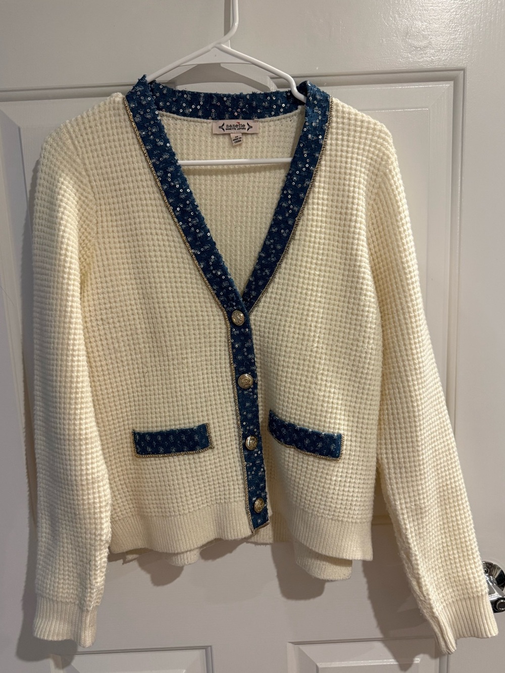 Nanette Lepore Cream Waffle Knit Cardigan with Navy sparkle Trim & Gold buttons